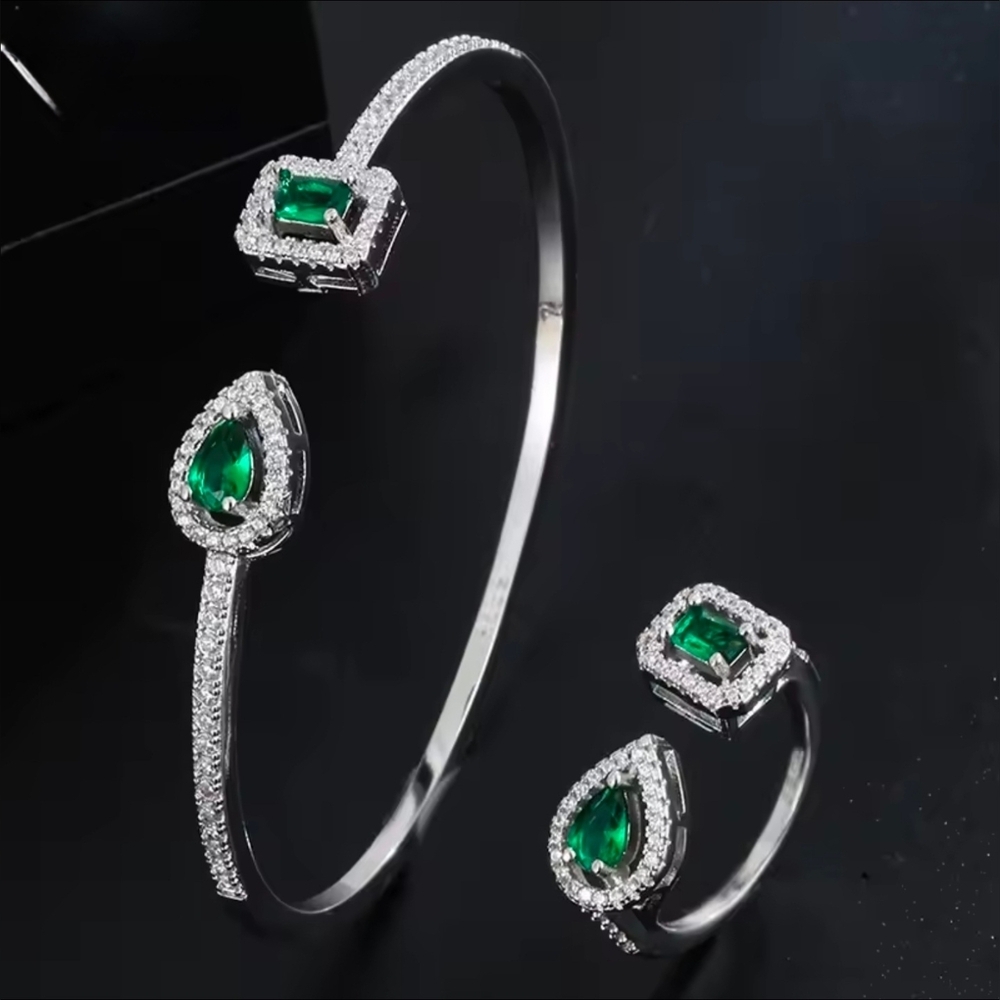 Elegant Emerald Open Cuff Bracelet & Adjustable Ring Set |Silver Tone CZ Jewelry - Picture 3 of 7
